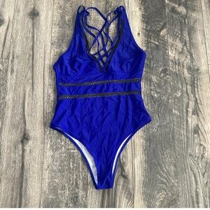 Beachsissi Womens  Deep V Neck Solid Color Mesh One Piece Swimwear M